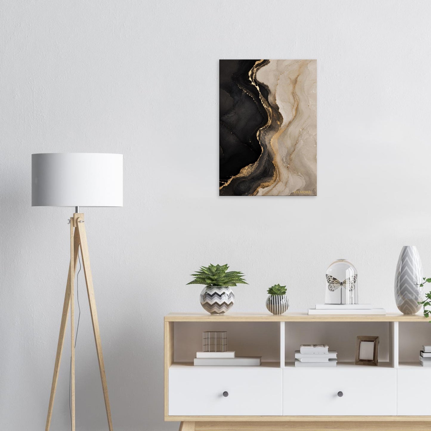 Luxury Scandinavian bedroom med Obsidian Ivory premium canvas från Velmora Atelier