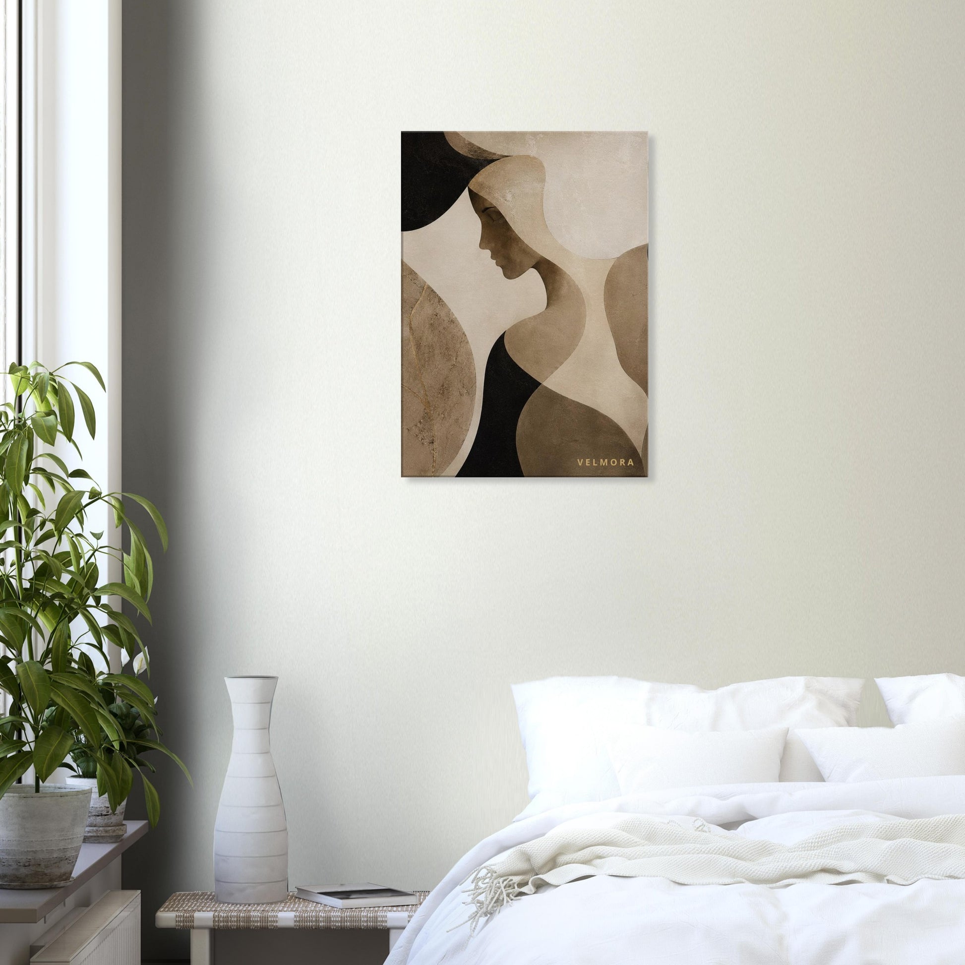 Luxury Scandinavian bedroom med Herminia Élan premium väggkonst från Velmora Atelier