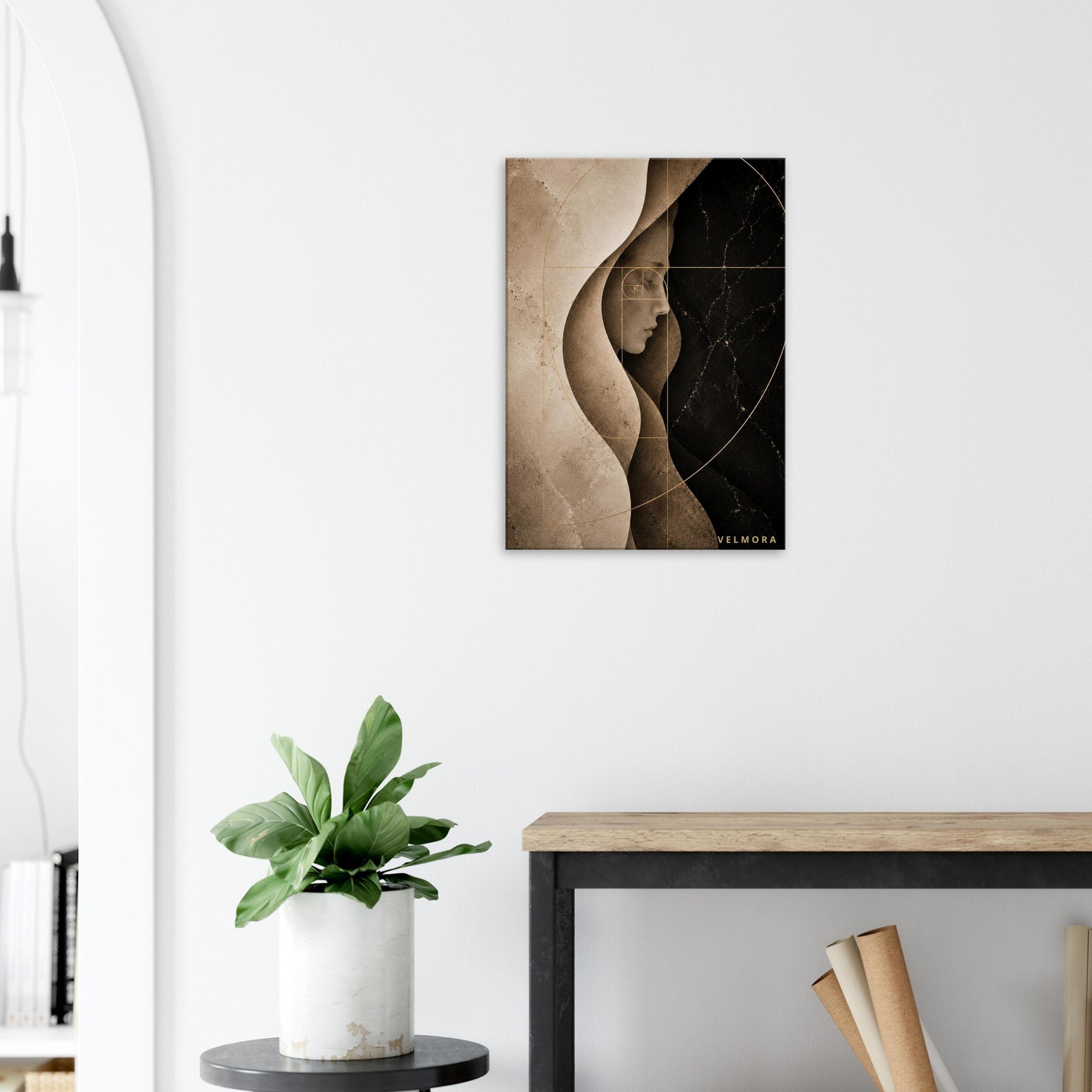 Luxury Scandinavian interior med Herminia Aurea premium canvas från Velmora Atelier