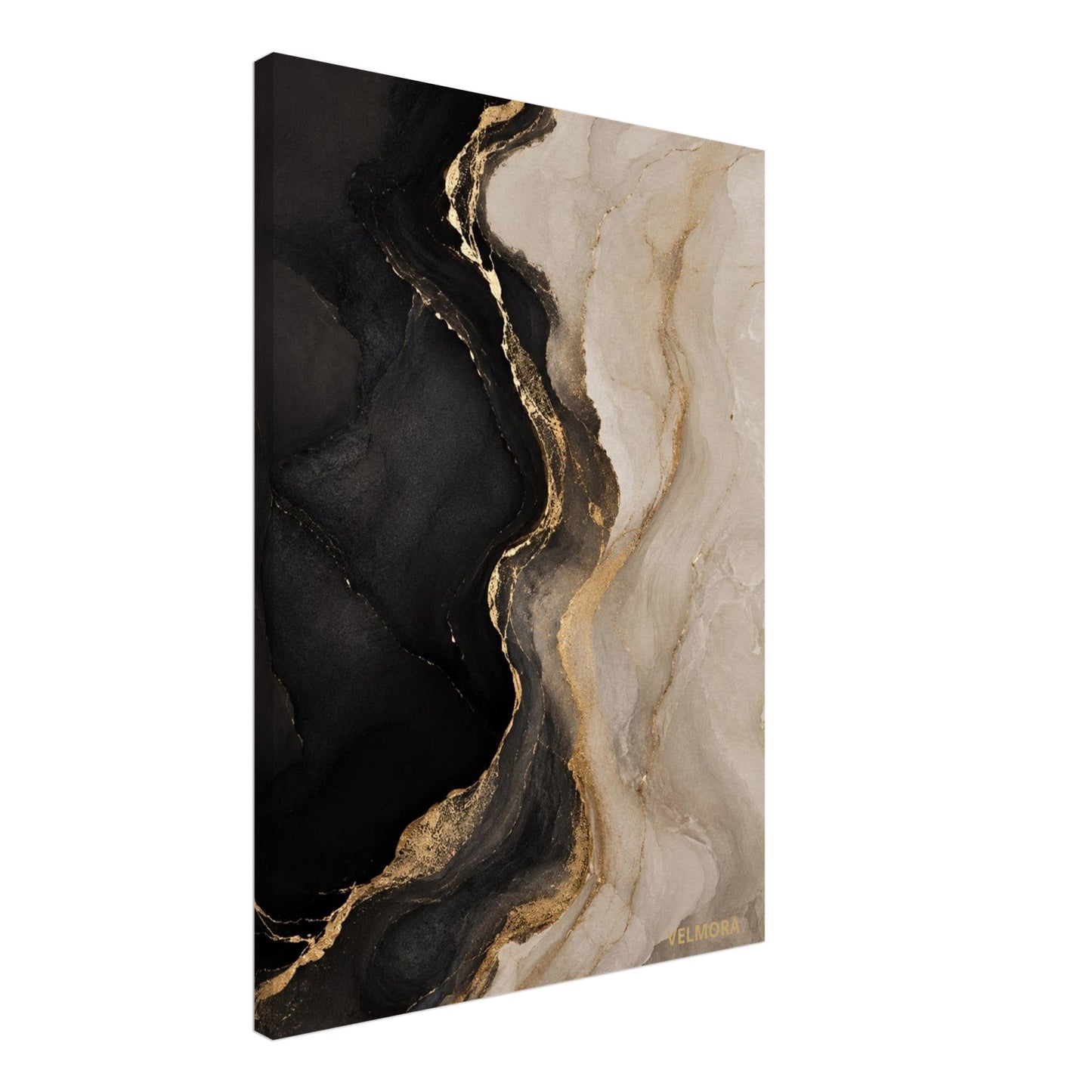 Obsidian Ivory premium canvas med svarta och elfenbensfärgade mineraltexturer samt eleganta gulddetaljer