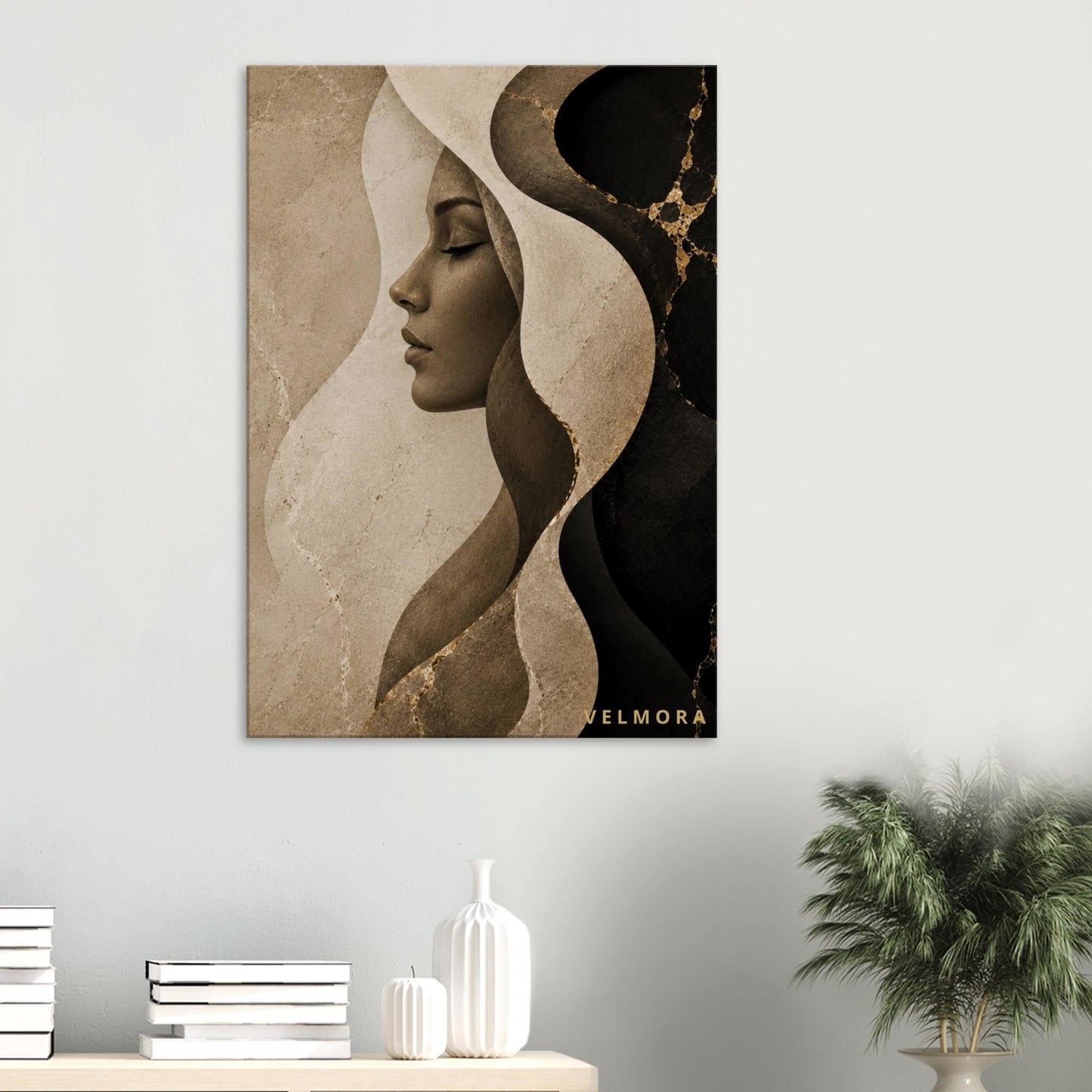Luxury Scandinavian bedroom med Herminia Lumière premium canvas från Velmora Atelier