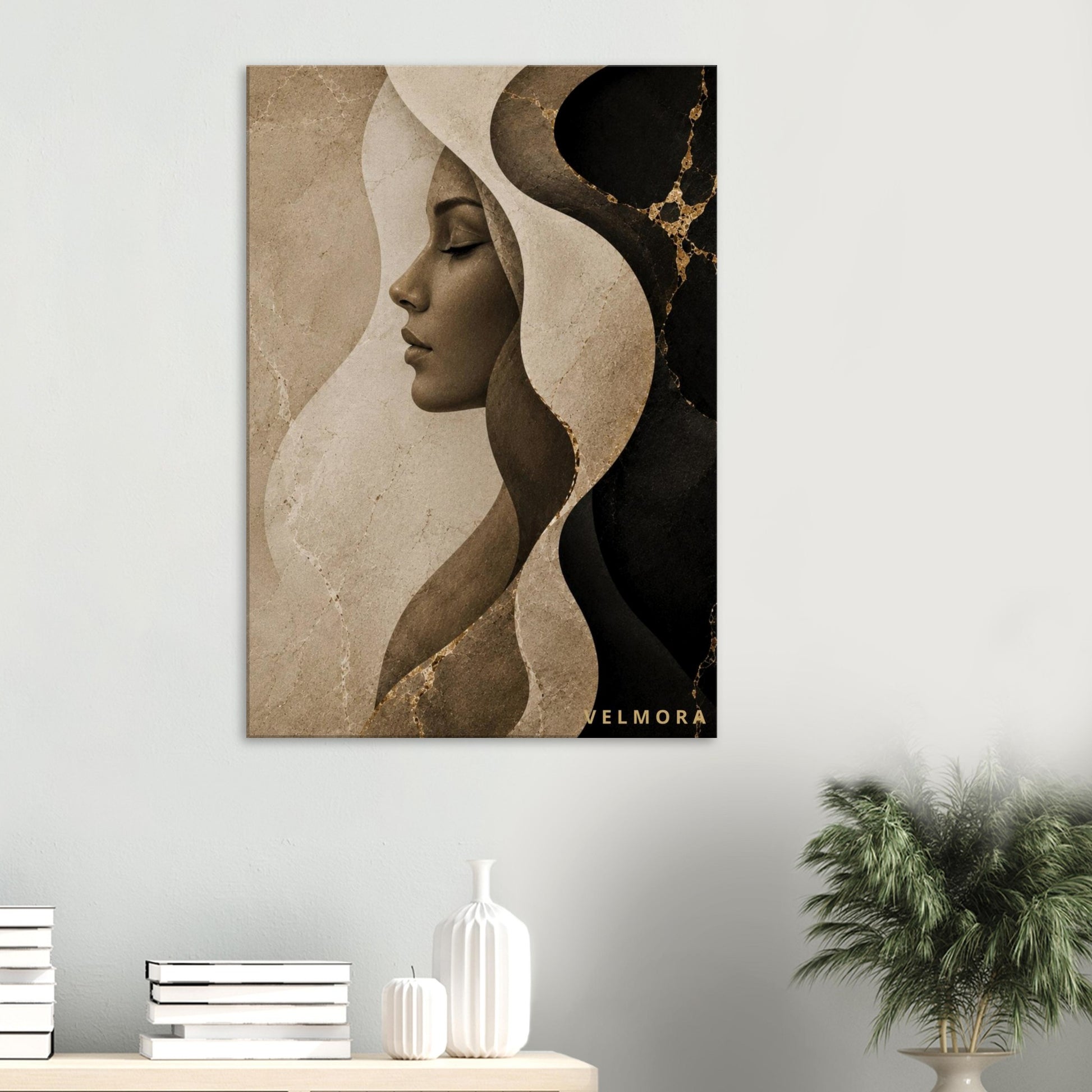 Luxury Scandinavian bedroom med Herminia Lumière premium canvas från Velmora Atelier