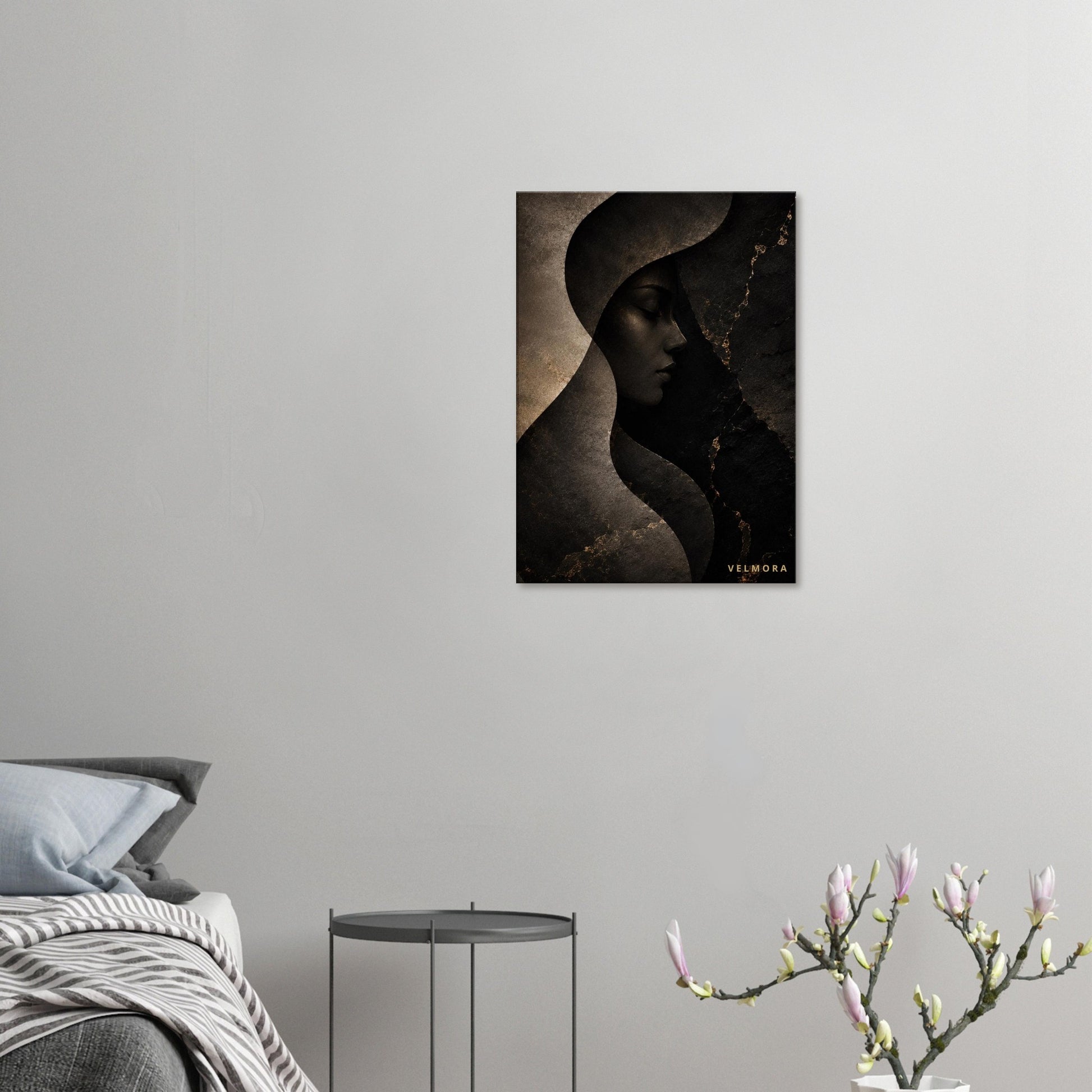 Luxury Scandinavian bedroom med Herminia Éclipse premium canvas från Velmora Atelier