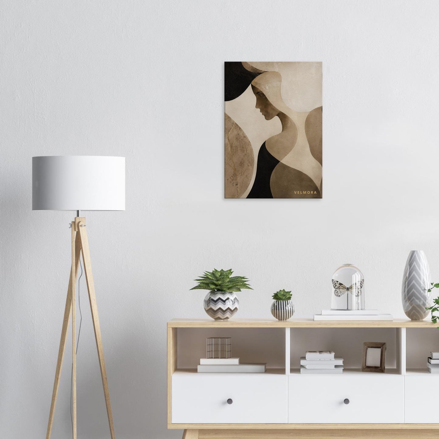 Herminia Élan canvas i exklusivt skandinaviskt vardagsrum med boutiquehotell-känsla