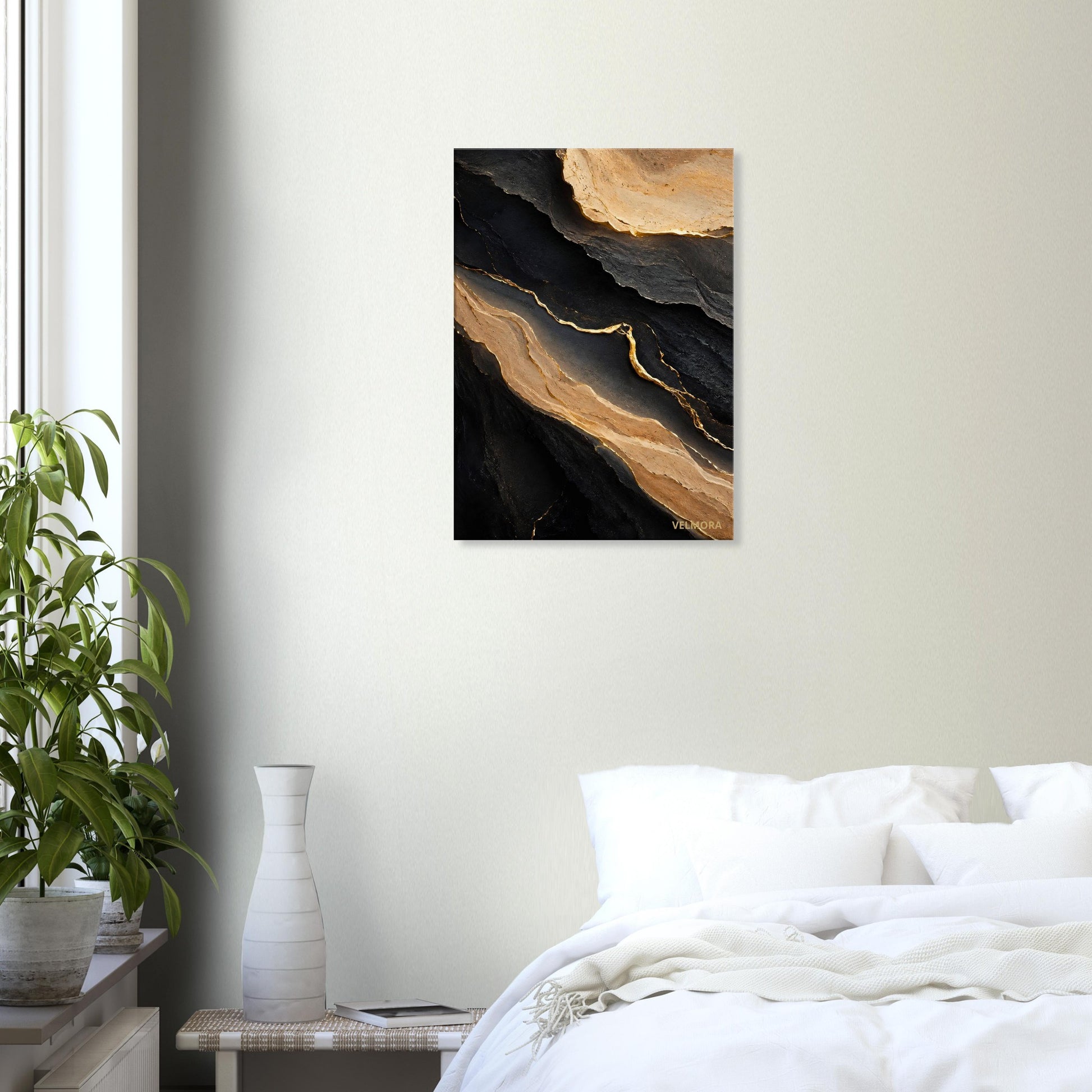 Luxury Scandinavian bedroom med Velmora Sand Noir premium canvas från Velmora Atelier
