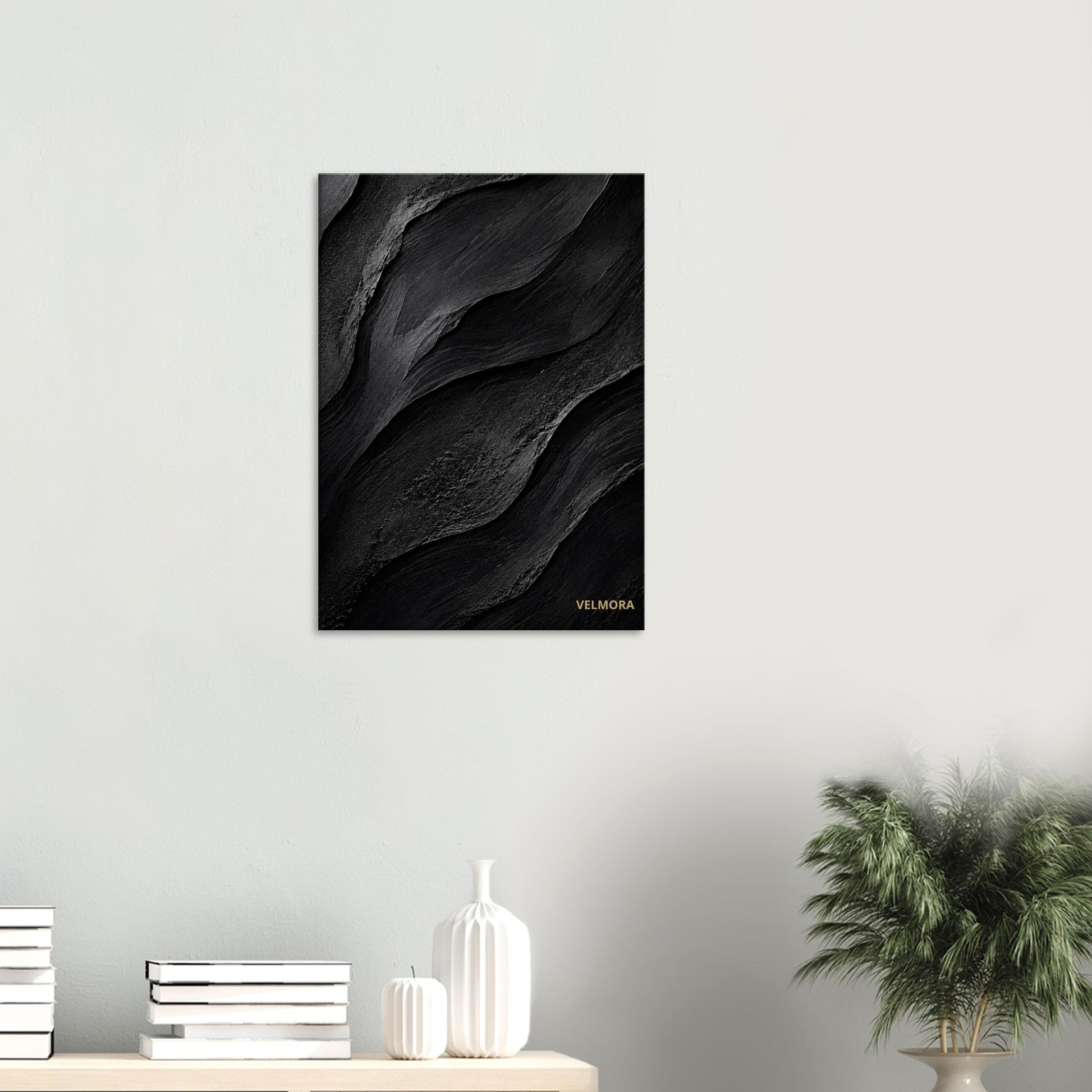 Luxury Scandinavian bedroom med svart abstrakt premium väggkonst