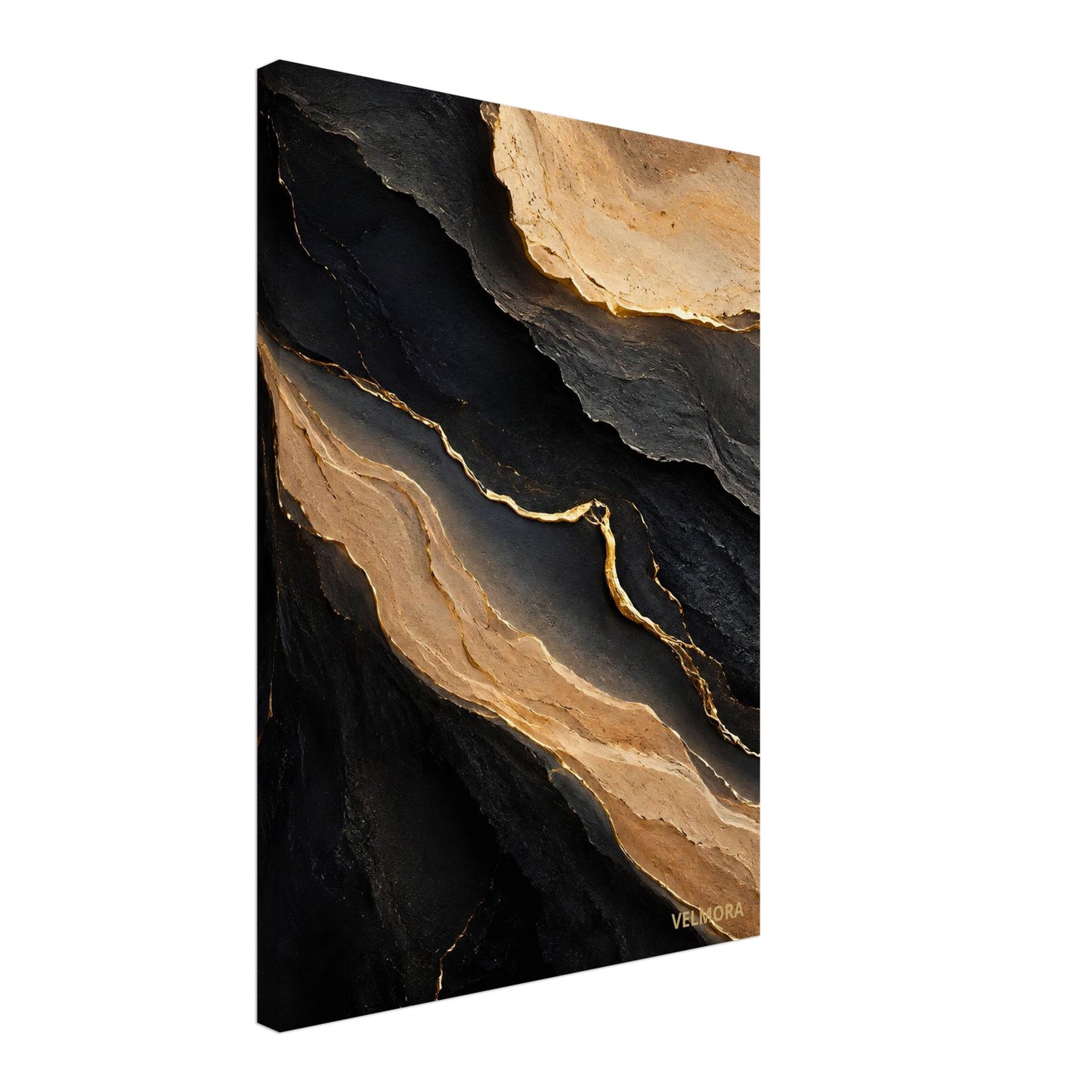 Velmora Sand Noir premium canvas med svart, sand och subtila gulddetaljer för modern skandinavisk lyxinredning